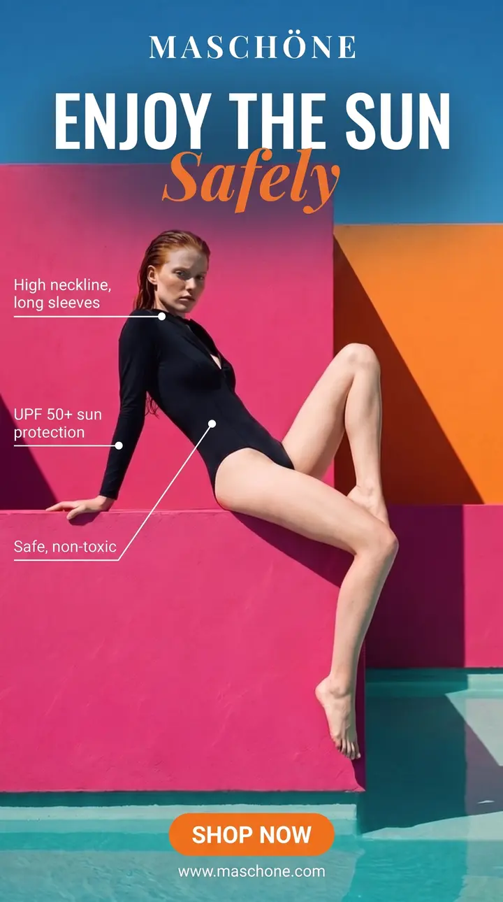 Maschöne ad: model on a pink wall by a pool